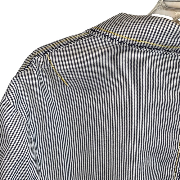 Chico's Seersucker Striped gray & white yellow stitches Yachtie Blazer Jacket - Picture 7 of 12